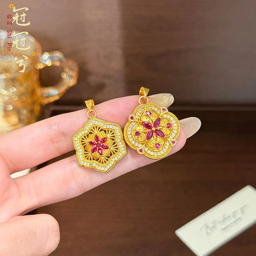 2026 New Chinese Style Sand Gold Necklace Elegant Enamel Red Stone Floral Pendant Sweater Chain High Color Retention Jewelry For