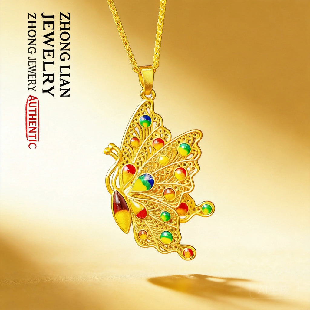 2026 Chinese Style Enamel Filigree Butterfly Pendant Necklace For Women Daily Wear Gold Plated Vintage Elegant Clavicle Jewelry