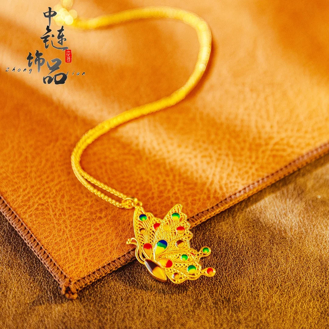 2026 Chinese Style Enamel Filigree Butterfly Pendant Necklace For Women Daily Wear Gold Plated Vintage Elegant Clavicle Jewelry