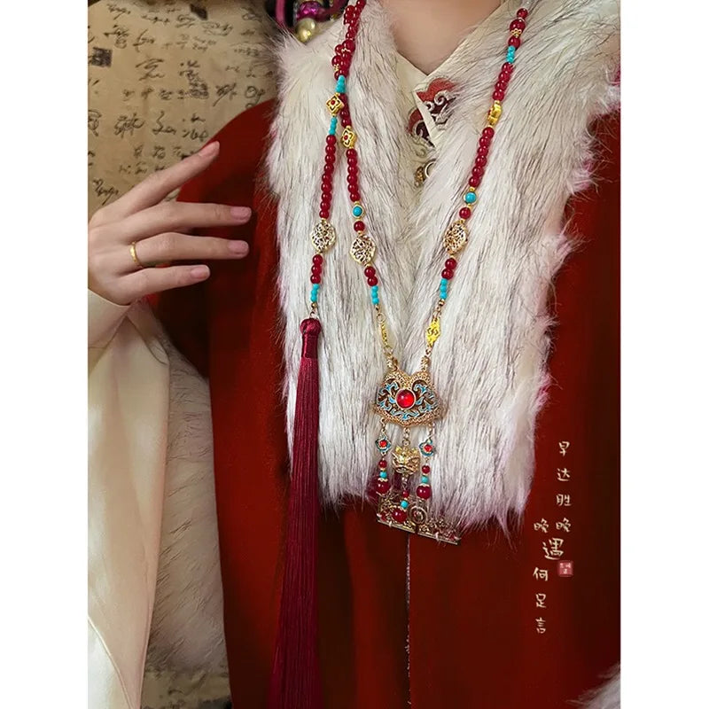 New Chinese Style Protective Lock Bei Yun Red Long Ying Luo Tassel Necklace for Women Vintage Ethnic Hanfu Adjustable Necklace