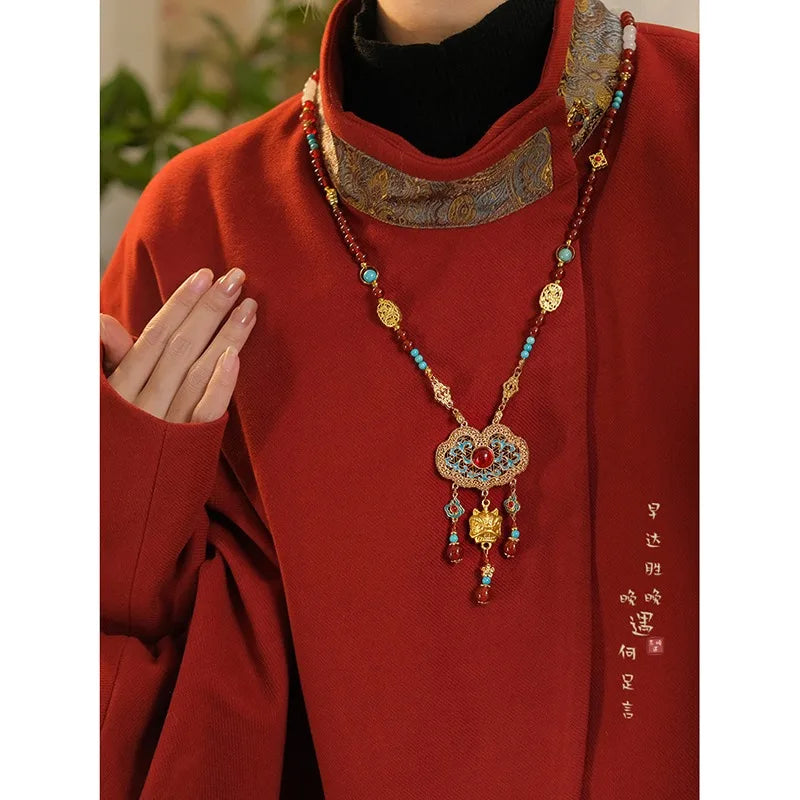 New Chinese Style Protective Lock Bei Yun Red Long Ying Luo Tassel Necklace for Women Vintage Ethnic Hanfu Adjustable Necklace