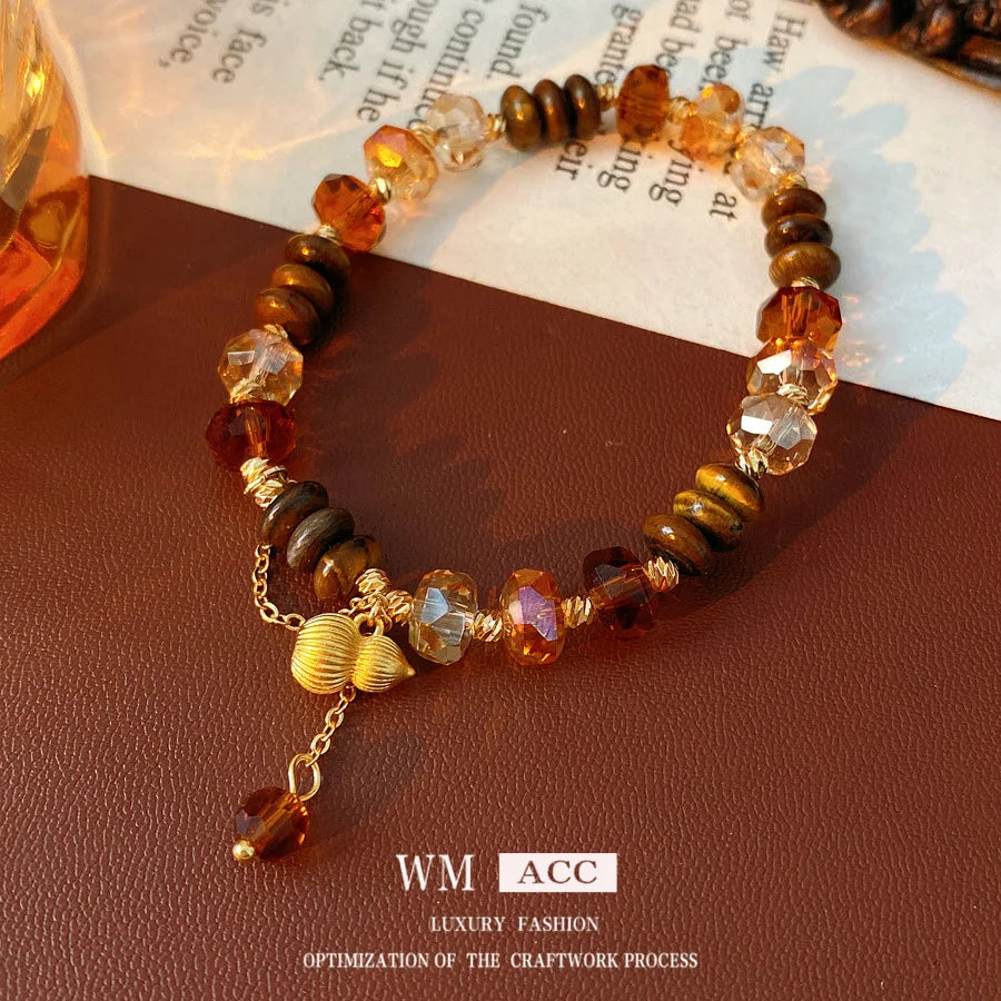 Natural  Tiger's Eye Stone Round Gourd Bracelet Buddha Beads New Chinese Retro HandString Niche High-end All-match Jewelry Women