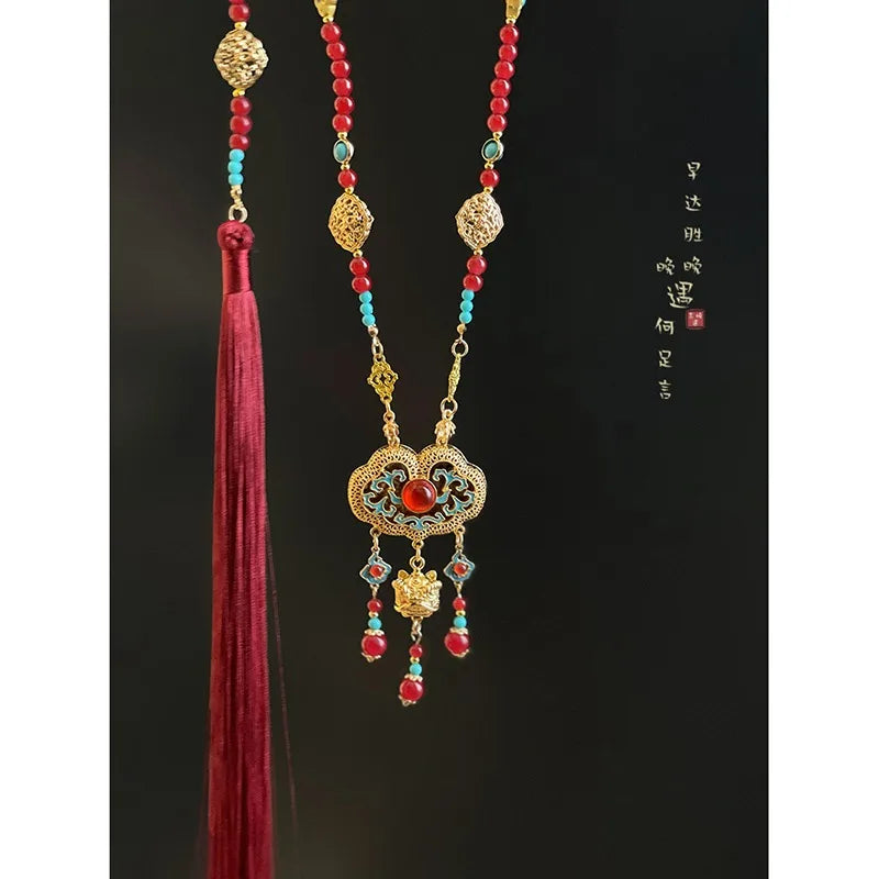 New Chinese Style Protective Lock Bei Yun Red Long Ying Luo Tassel Necklace for Women Vintage Ethnic Hanfu Adjustable Necklace