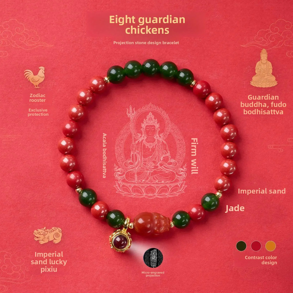 2026 New Year of The Horse Eight Patron Saint of The Chinese Zodiac Bracelet Cinnabar HandString Projection Stone Amulet Jewelry