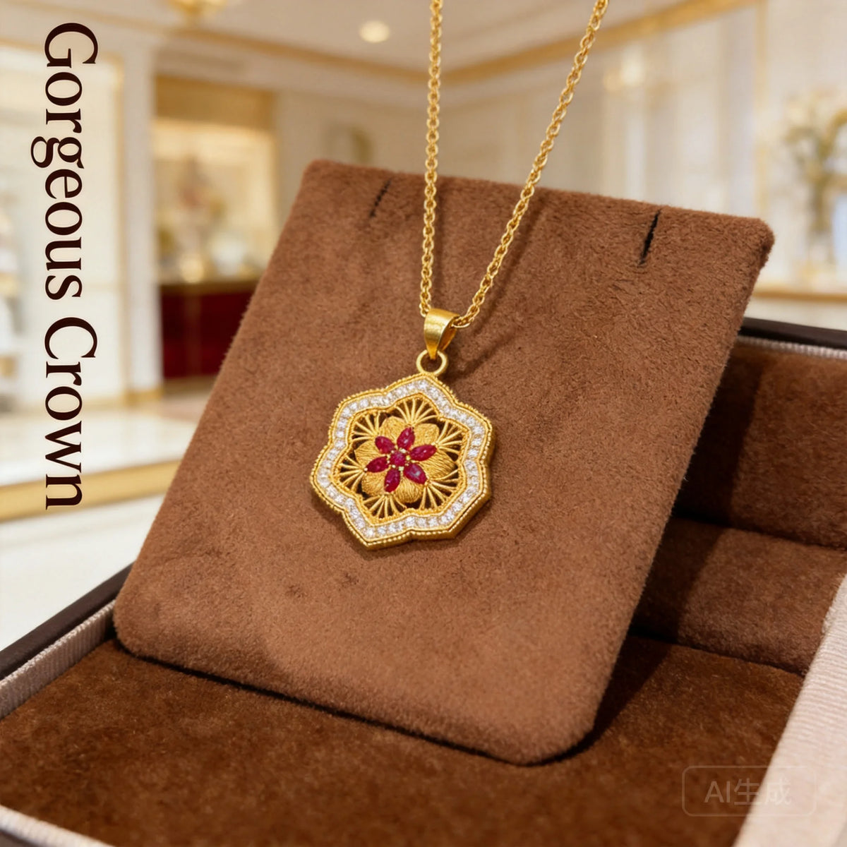 2026 New Chinese Style Sand Gold Necklace Elegant Enamel Red Stone Floral Pendant Sweater Chain High Color Retention Jewelry For