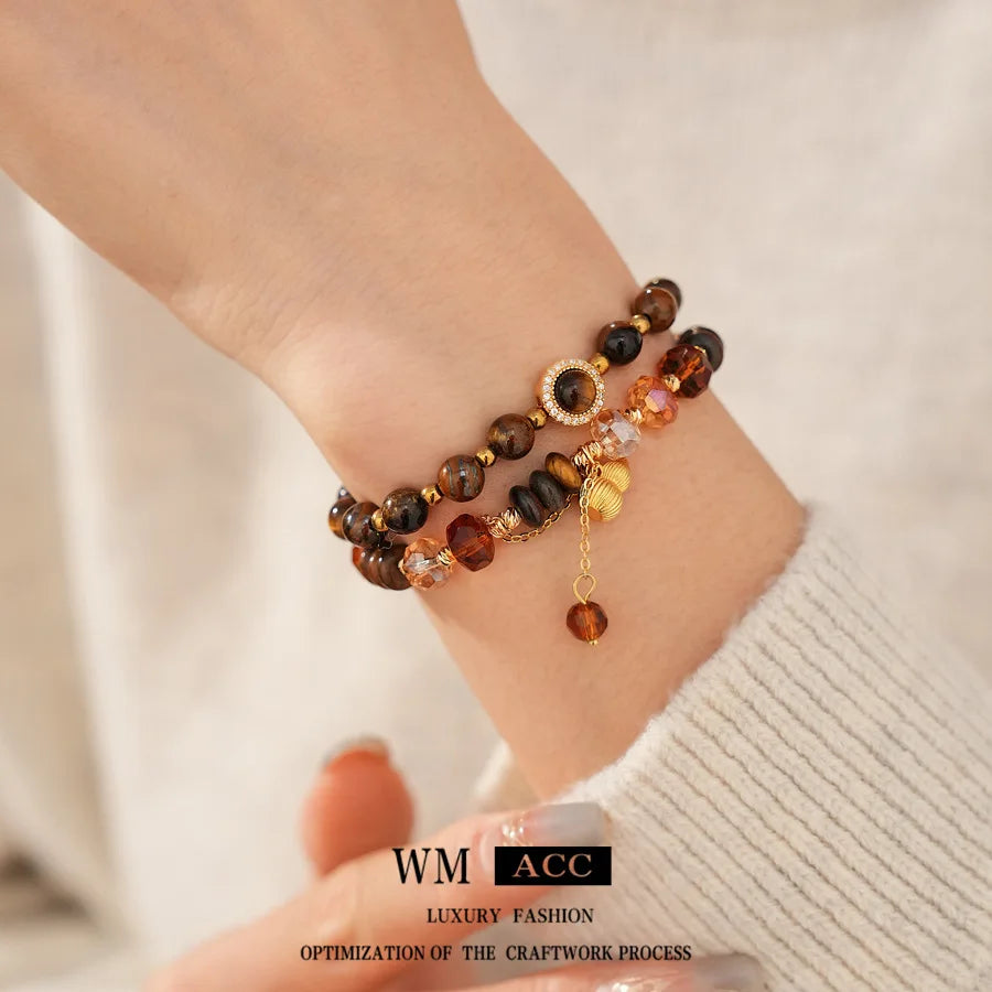 Natural  Tiger's Eye Stone Round Gourd Bracelet Buddha Beads New Chinese Retro HandString Niche High-end All-match Jewelry Women