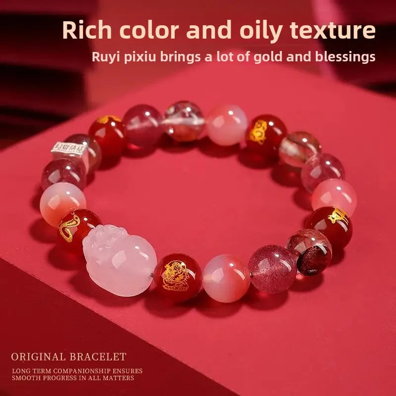 2026 Year of The Snake Bracelet 3 Liuhe 12 Zodiac Natural Pixiu Pink Crystal Have Money To Attract Gold Good Lucky Hand String